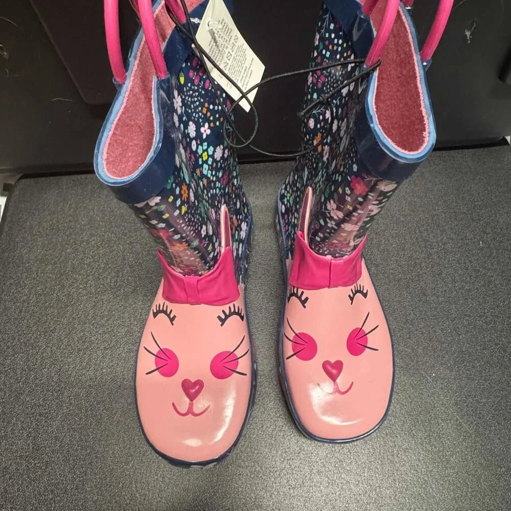 Toddler Bunny Rain Boots Pink Floral Waterproof Rubber Shoes Size 3